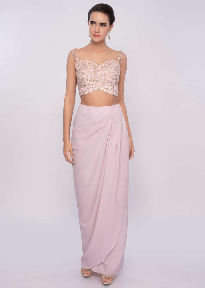 Pink Dhoti Skirt And Crop Top In In Crepe With Long Jacket Online - Kalki Fashion