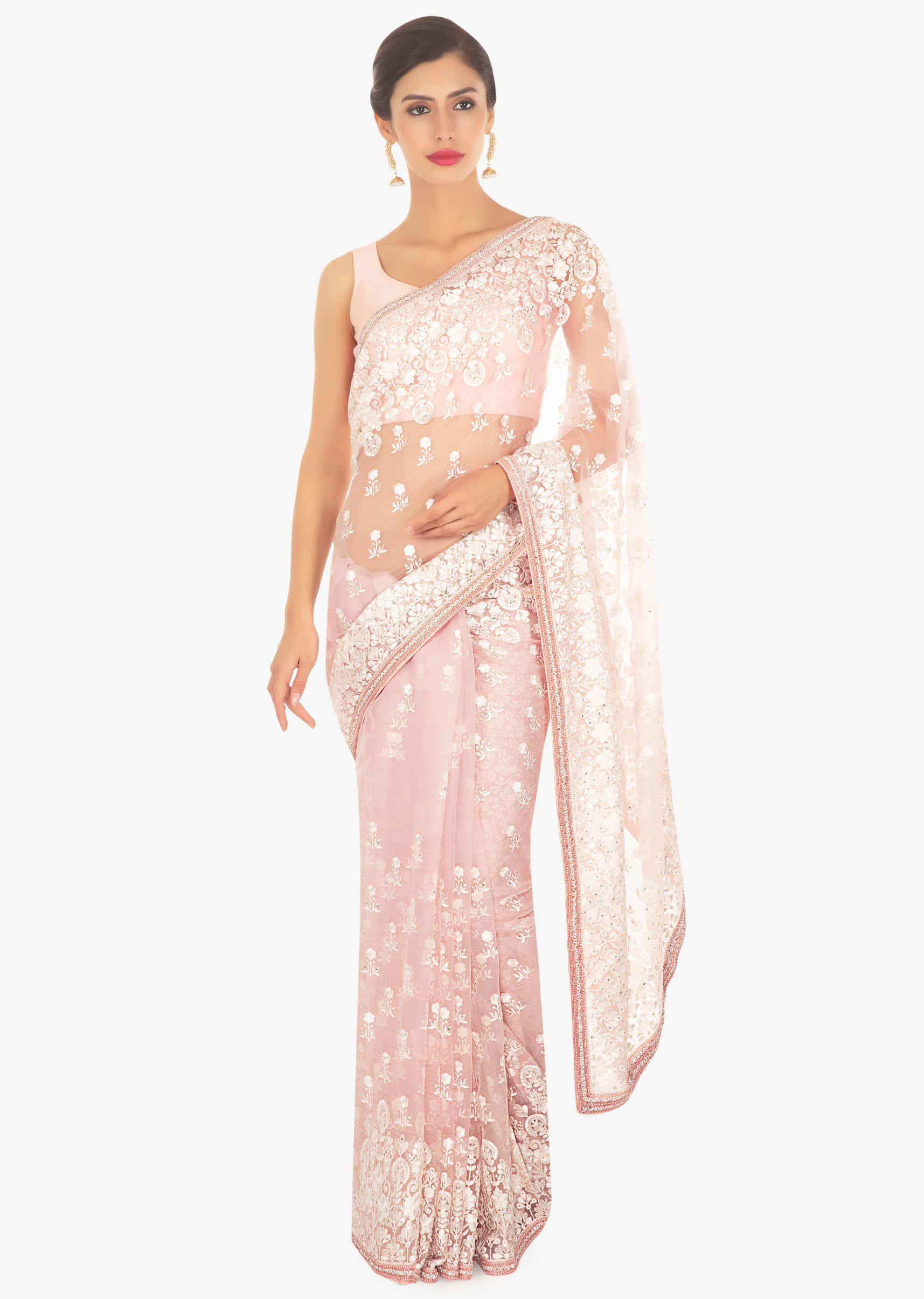 Crepe pink organza saree in white thread embroidered butti and border