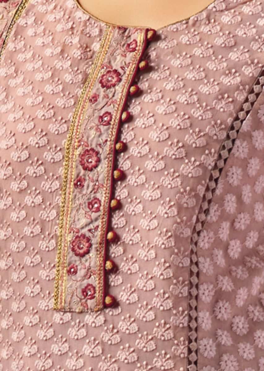 Crepe pink unstitched suit embellished in thread and resham embroidery 