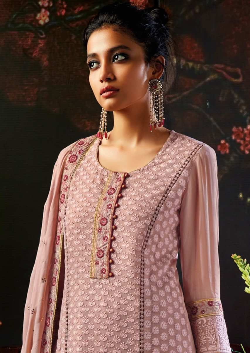 Crepe pink unstitched suit embellished in thread and resham embroidery 