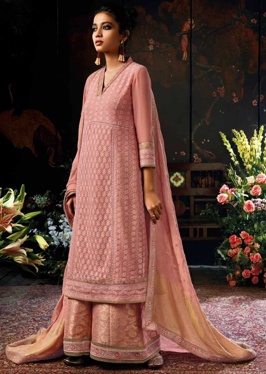 Ballet pink unstitched suit embellished in thread and resham embroidery