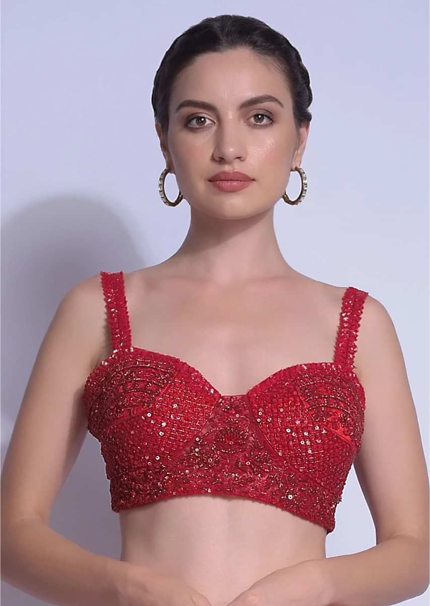 Crimson Red Blouse With Sequins And Cut Dana Work And Sweetheart Neckline