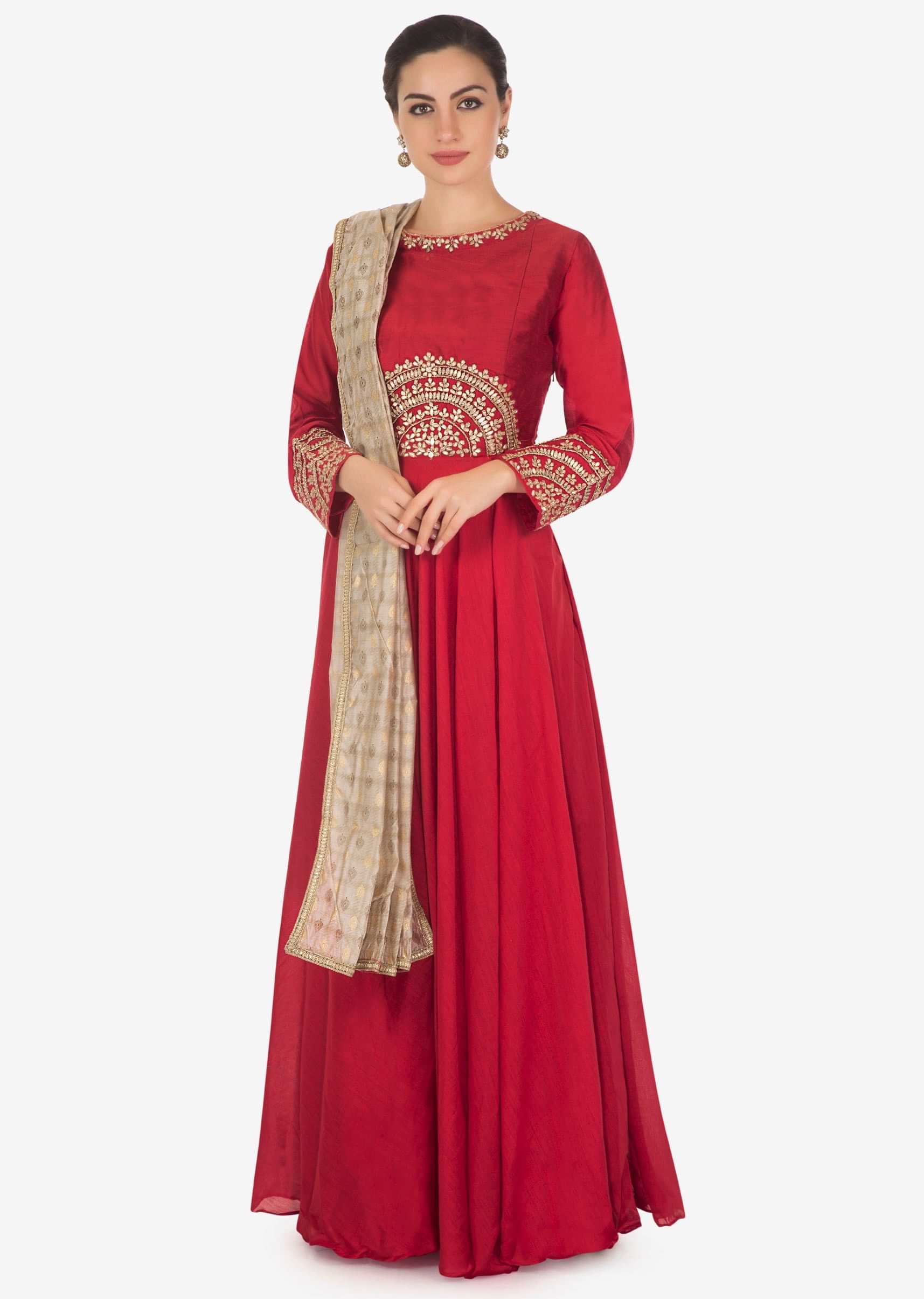 Crimson red anarkali suit in silk with gotta patch and zardosi embroidery only on Kalki