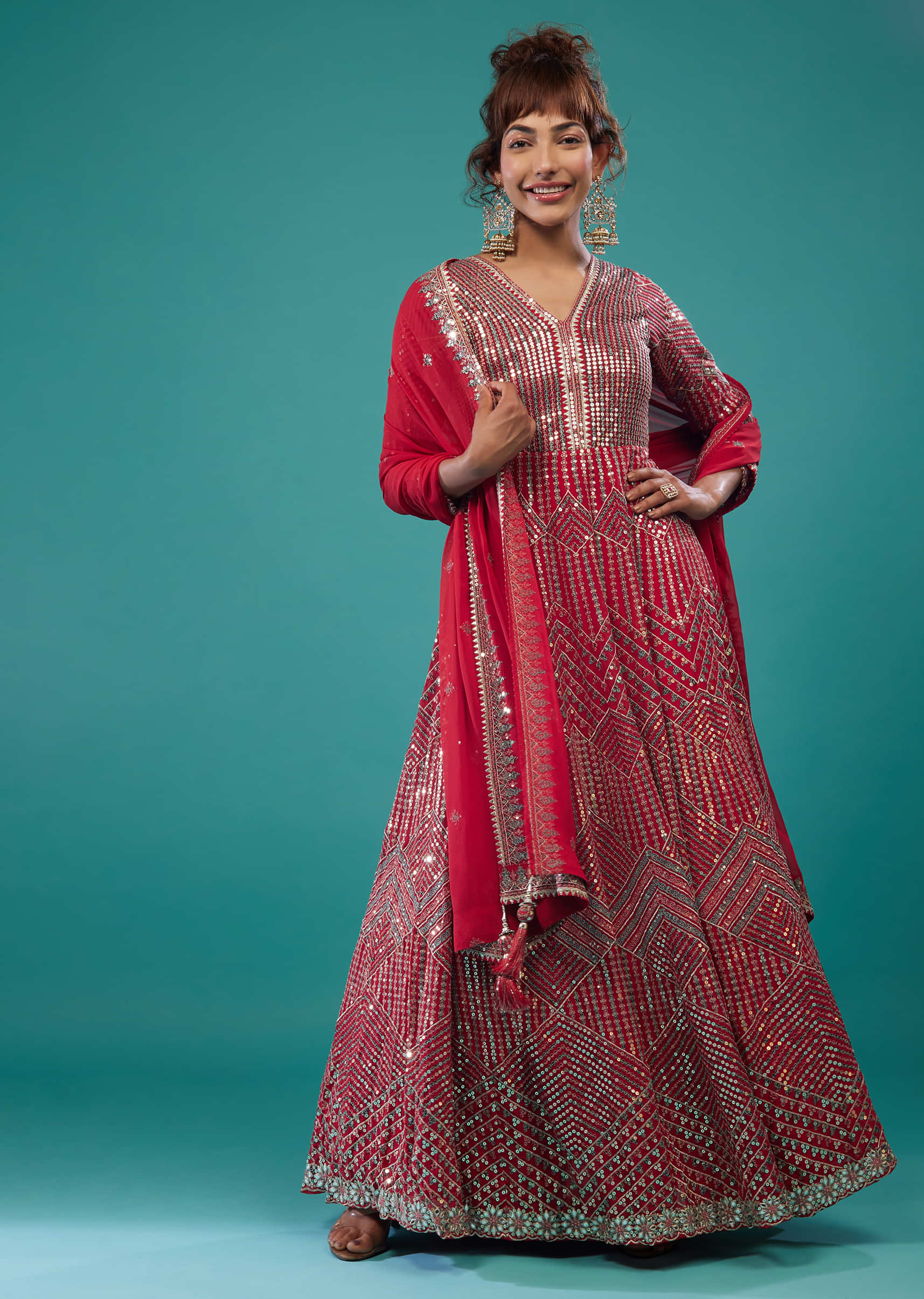 Fiery Red Embroidered Anarkali Suit In Georgette