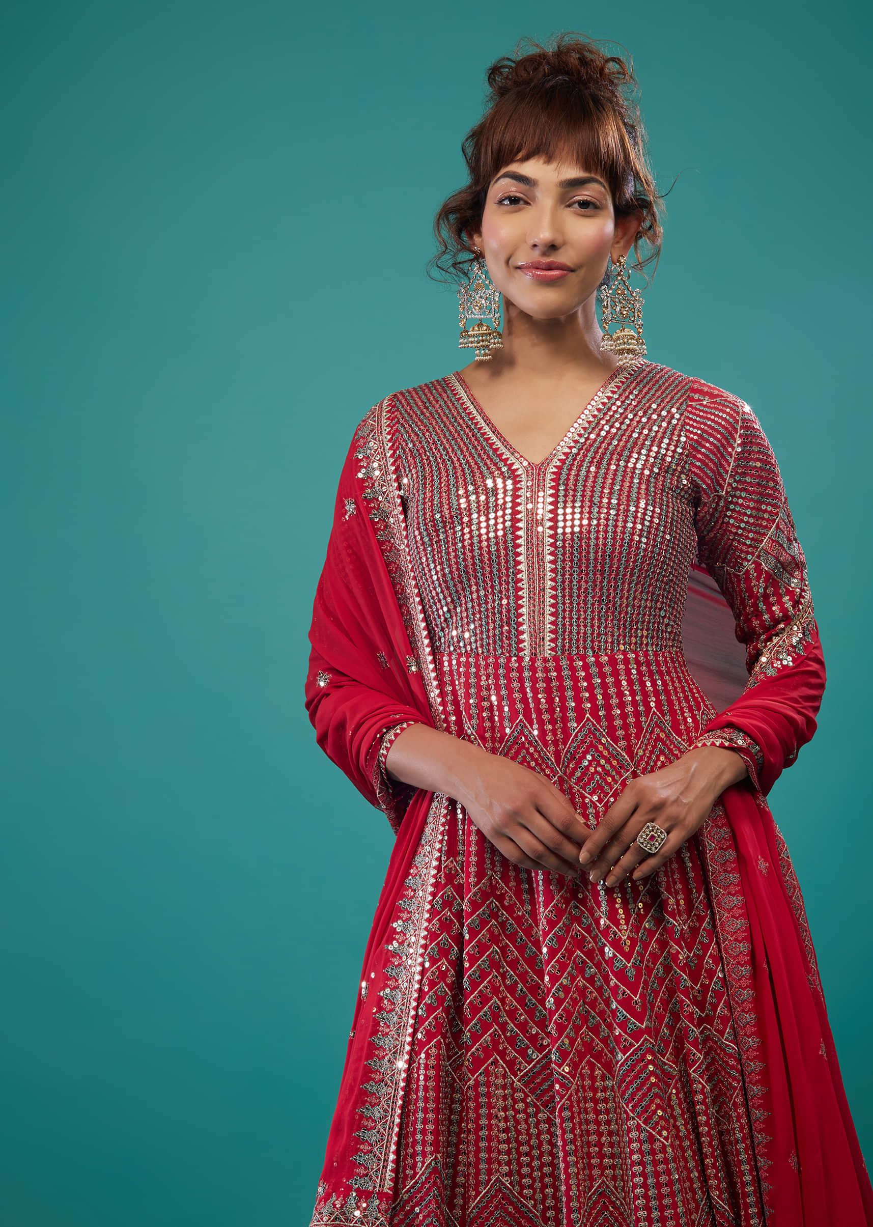 Fiery Red Embroidered Anarkali Suit In Georgette