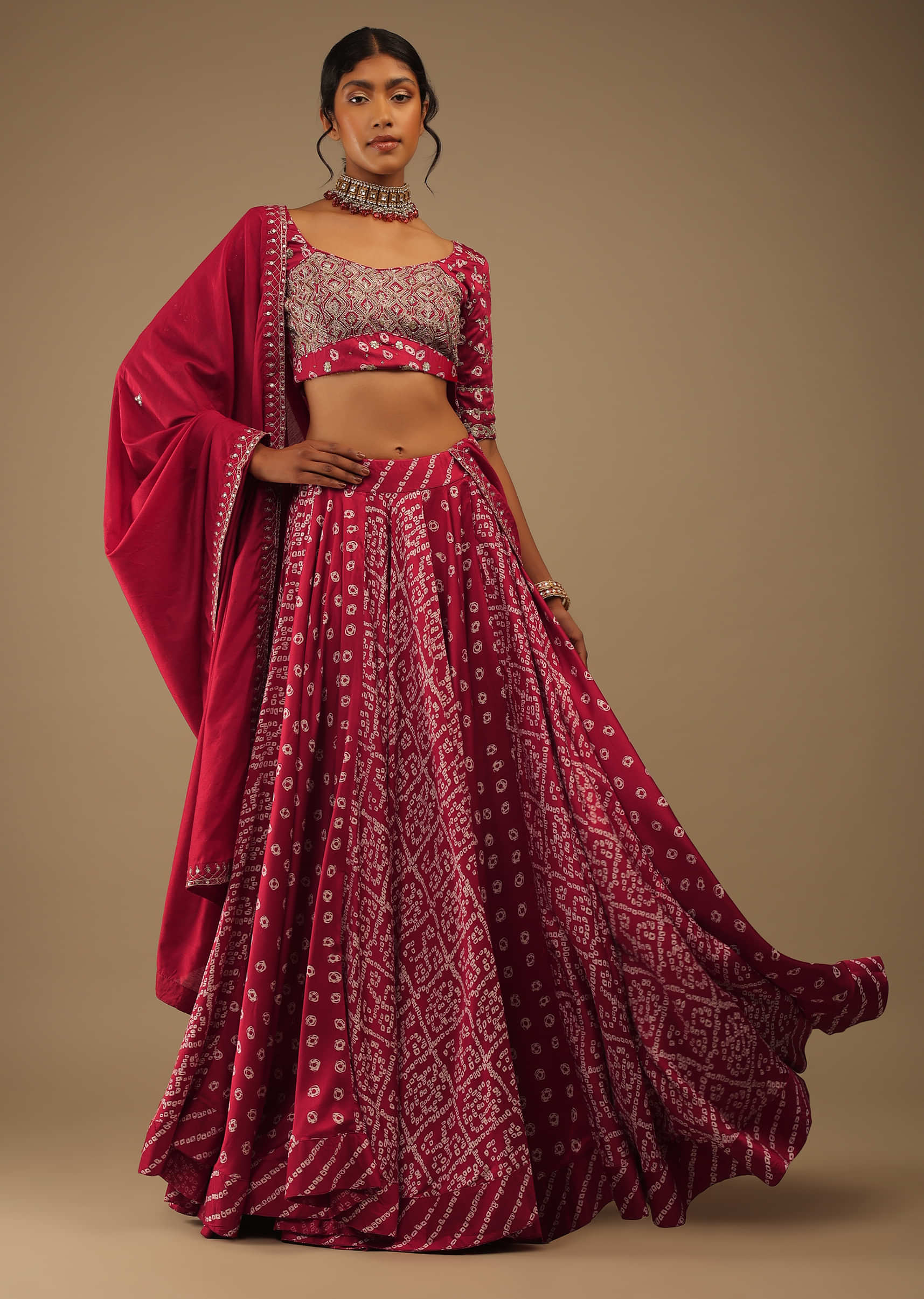 Crimson Red Lehenga And Choli Set In Digital Bandhani Print, Choli Comes In Moti And Sequins Embroidery Buttis