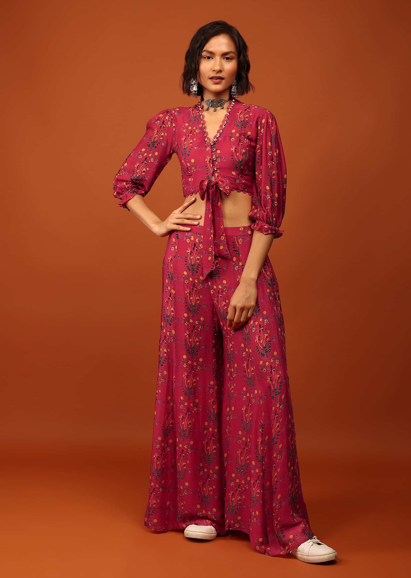 Carmine Red Print Blouse And Palazzo In V Neckline & Balloon Flute Sleeves With Embellishment