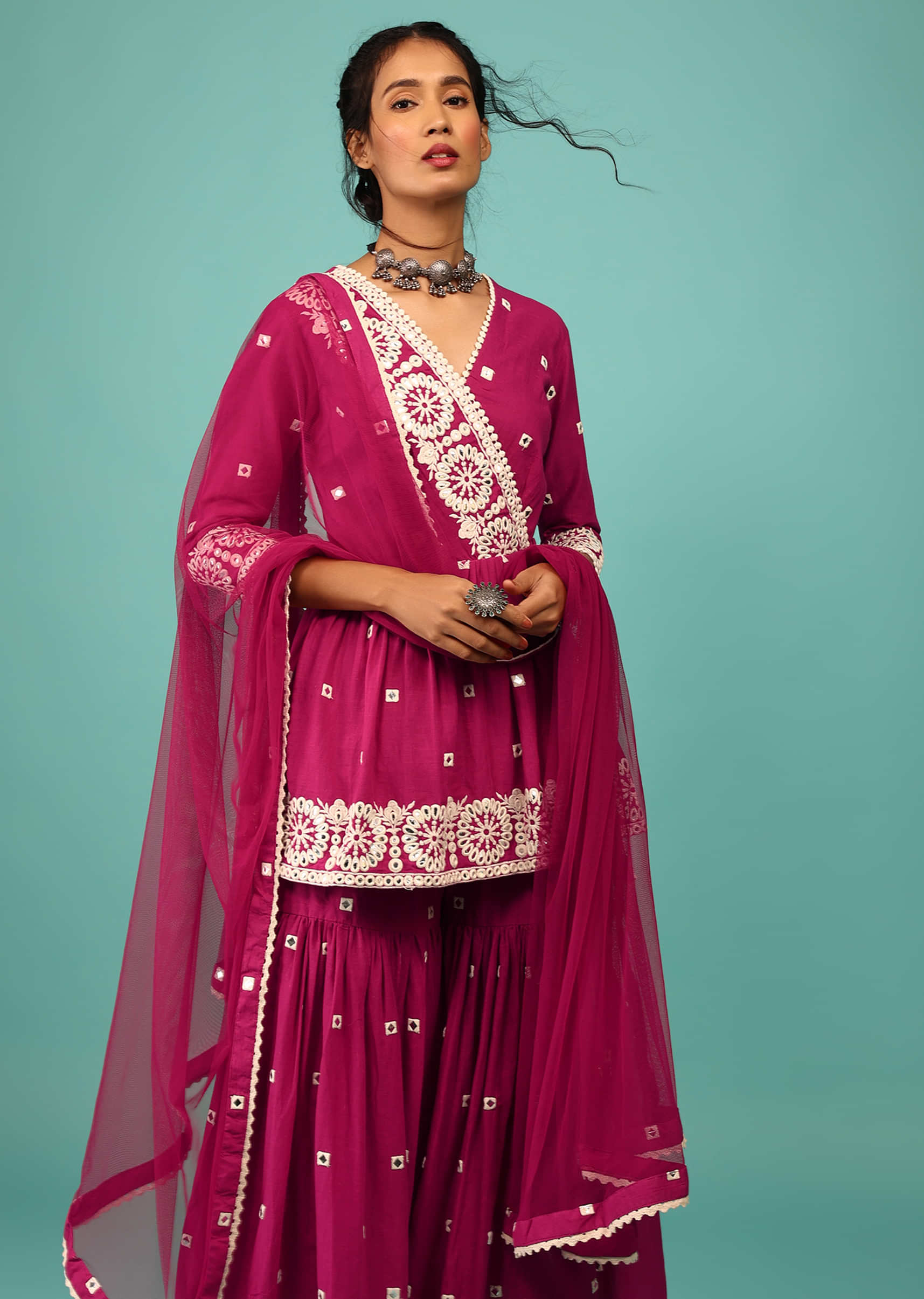 Magenta Pink Sharara Suit In Cotton With Lucknowi Floral Embroidery & Angarakha Peplum Top