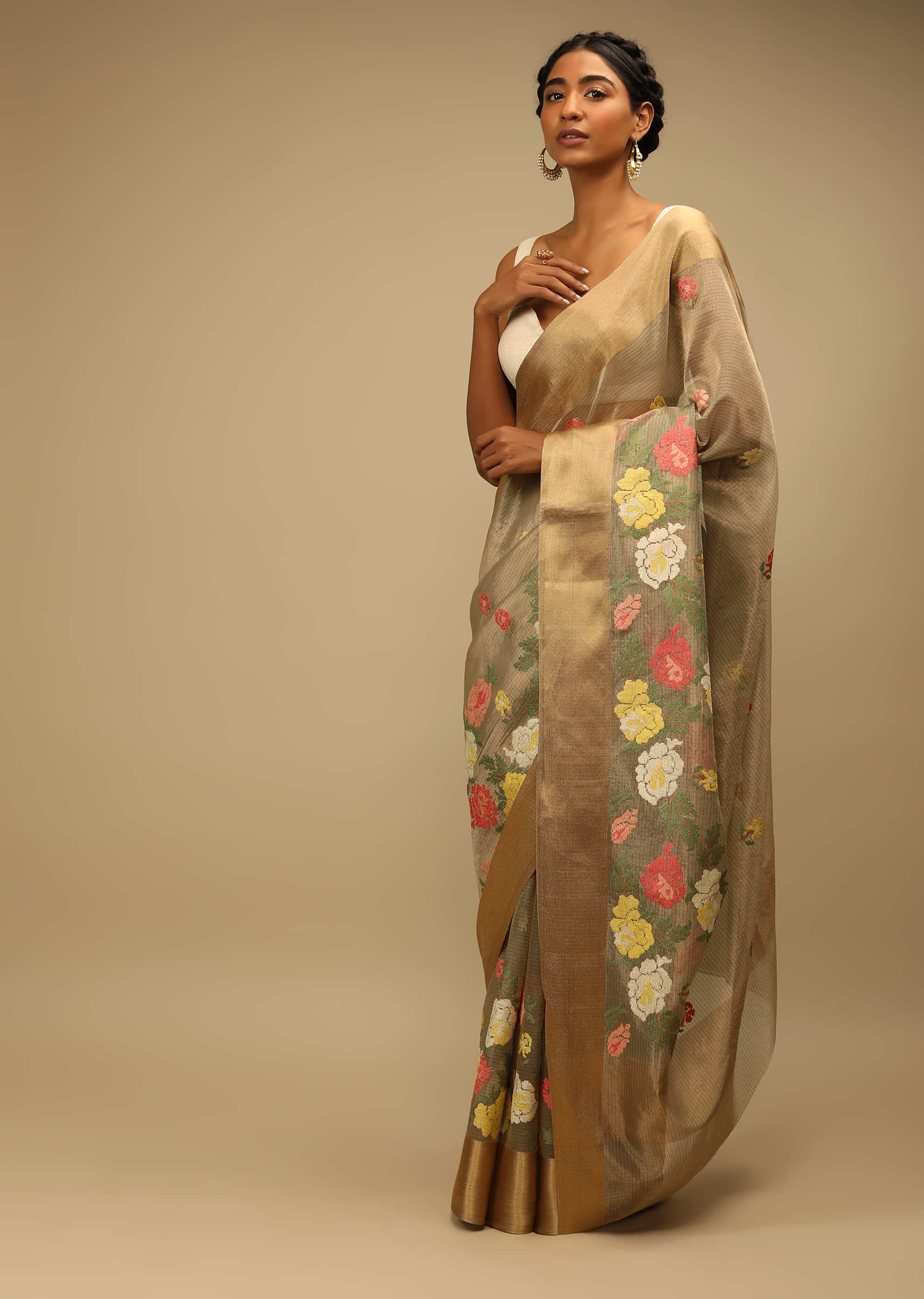 Croissant Gold Saree In Zari Kota Silk With Multi Colored Resham Embroidered Flowers On The Border 