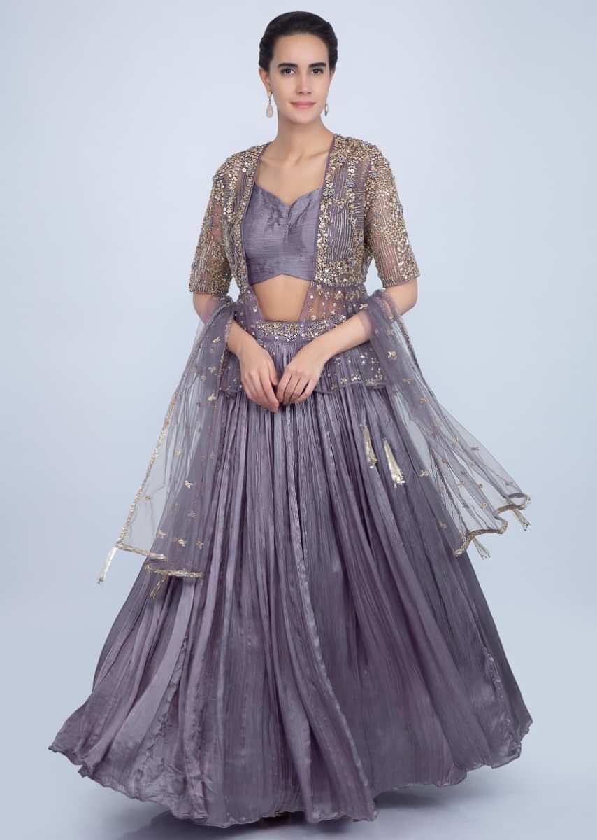 Lavender Lehenga Choli In Crushed Satin With Embroidered Net Dupatta And Jacket Online - Kalki Fashion