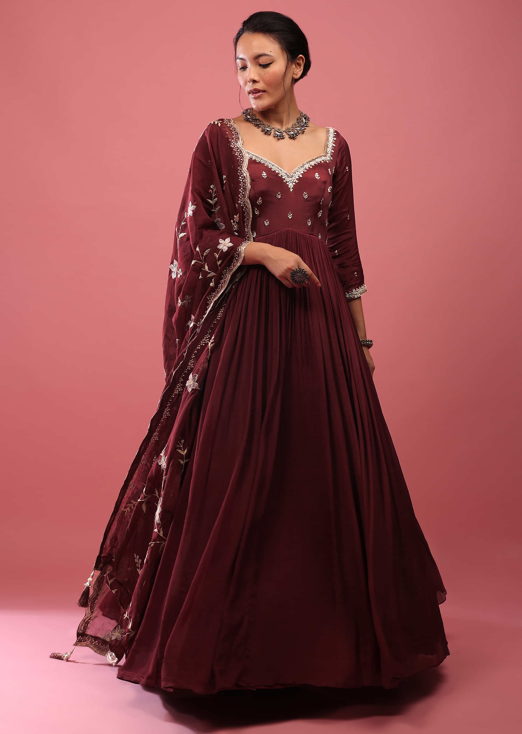 Crushed Berry Red Anarkali Suit In Chinon With Queen Style Embroidered Bodice In Zardosi Work