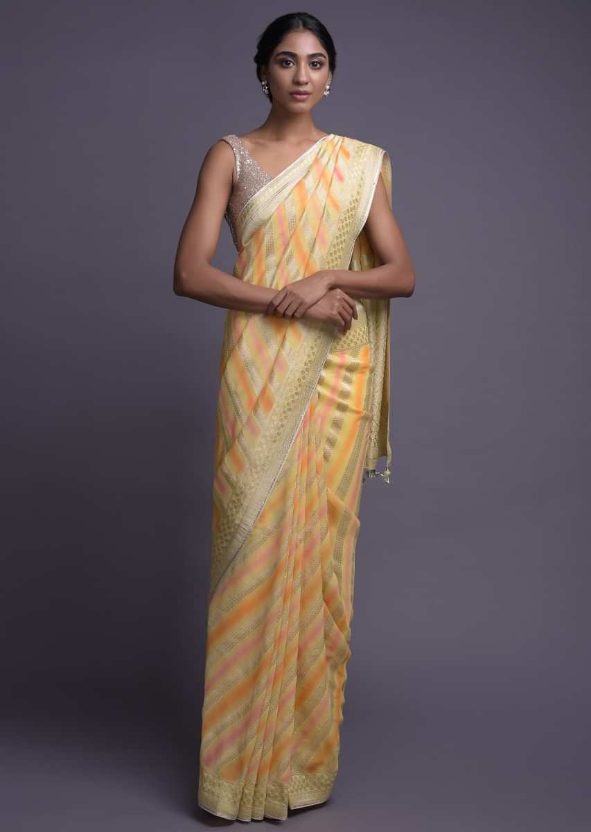 Custard Yellow Saree In Georgette With Lehariya Print And Weaved Pattern Online - Kalki Fashion