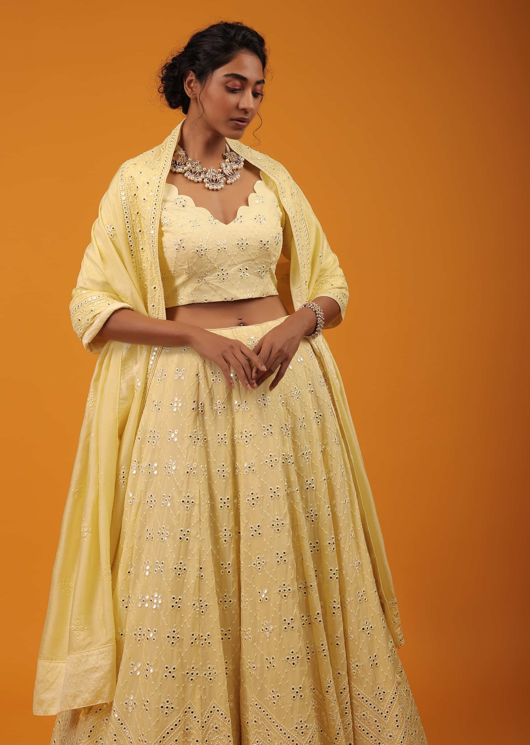 Custard Yellow Cotton Silk Crop Top & Lehenga Set With Lucknowi Embroidery