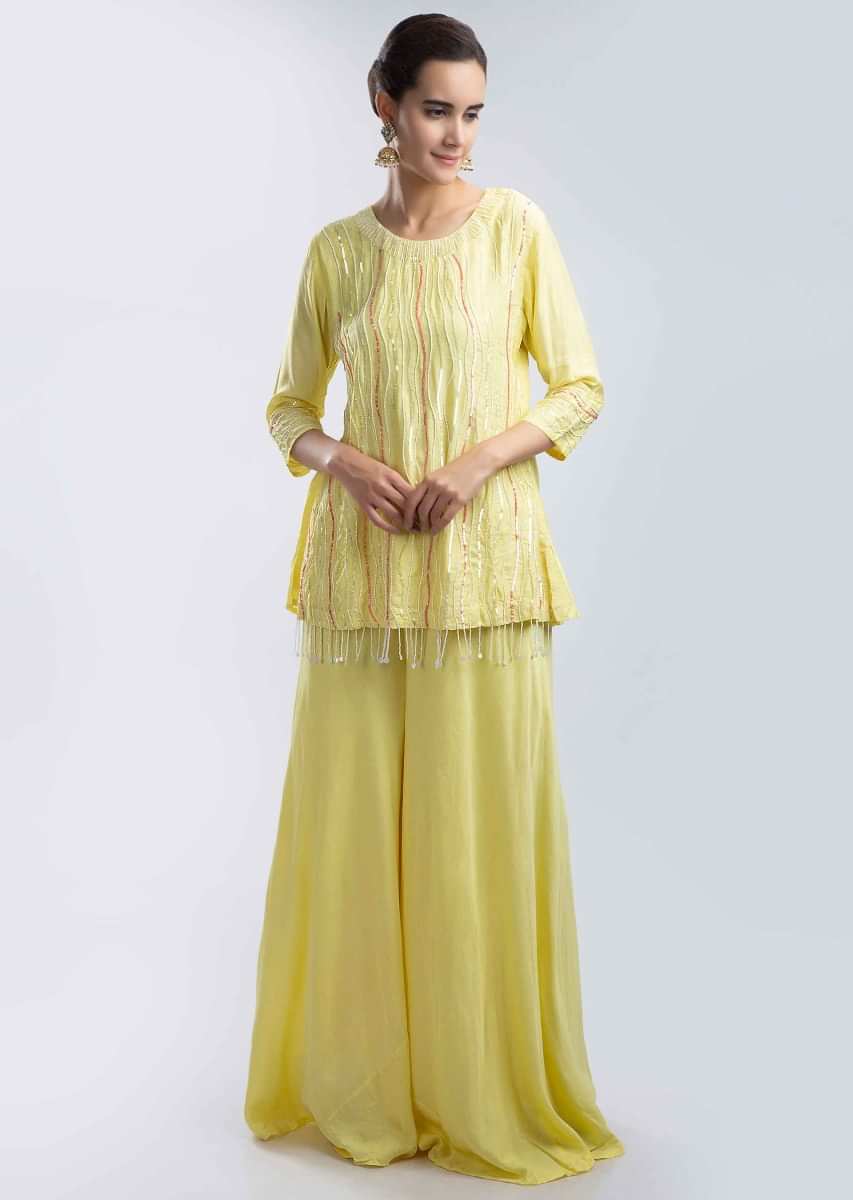 Buy Yellow Short Suit With Cut Dana And Sequins Embroidery And Matching ...