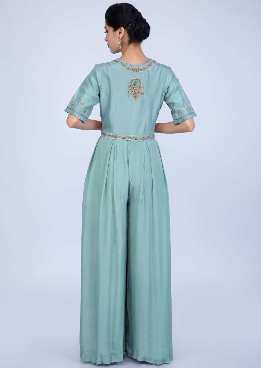 Cyan blue jumpsuit with embroidered butti on the bodice only on Kalki