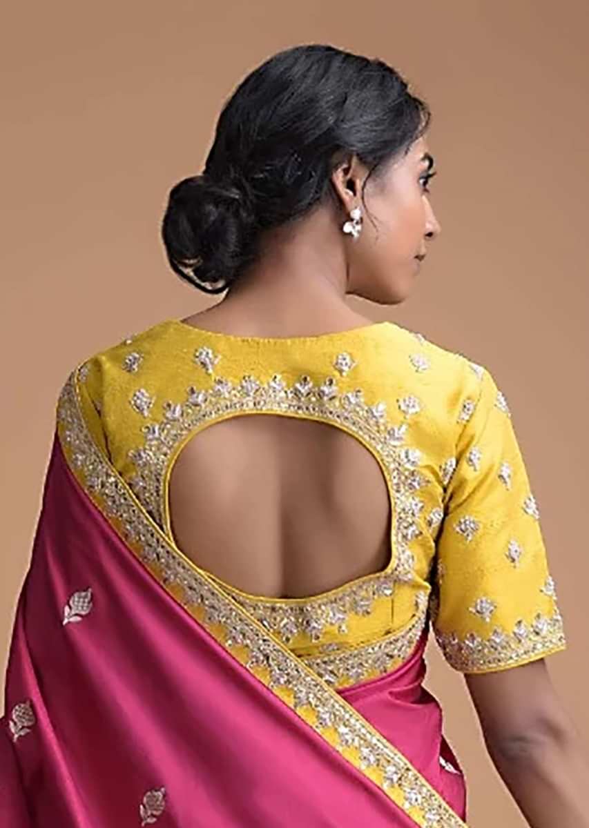 Cyber Yellow Blouse In Raw Silk With Zardosi Embroidered Buttis And Round Neckline Online - Kalki Fashion
