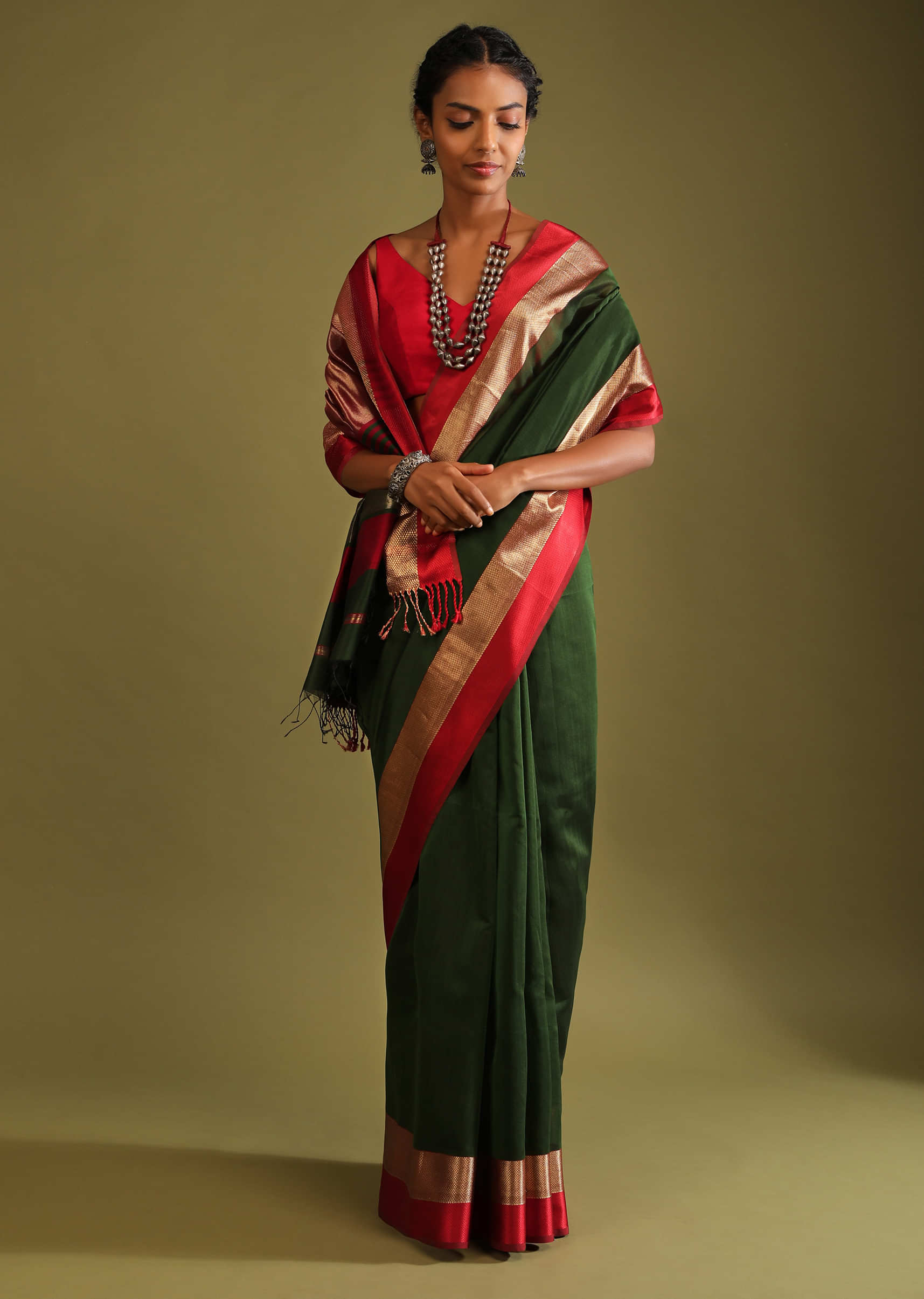 Cypress Green Saree In Tussar Silk With Gold And Red Woven Border And Striped Pallu Design  