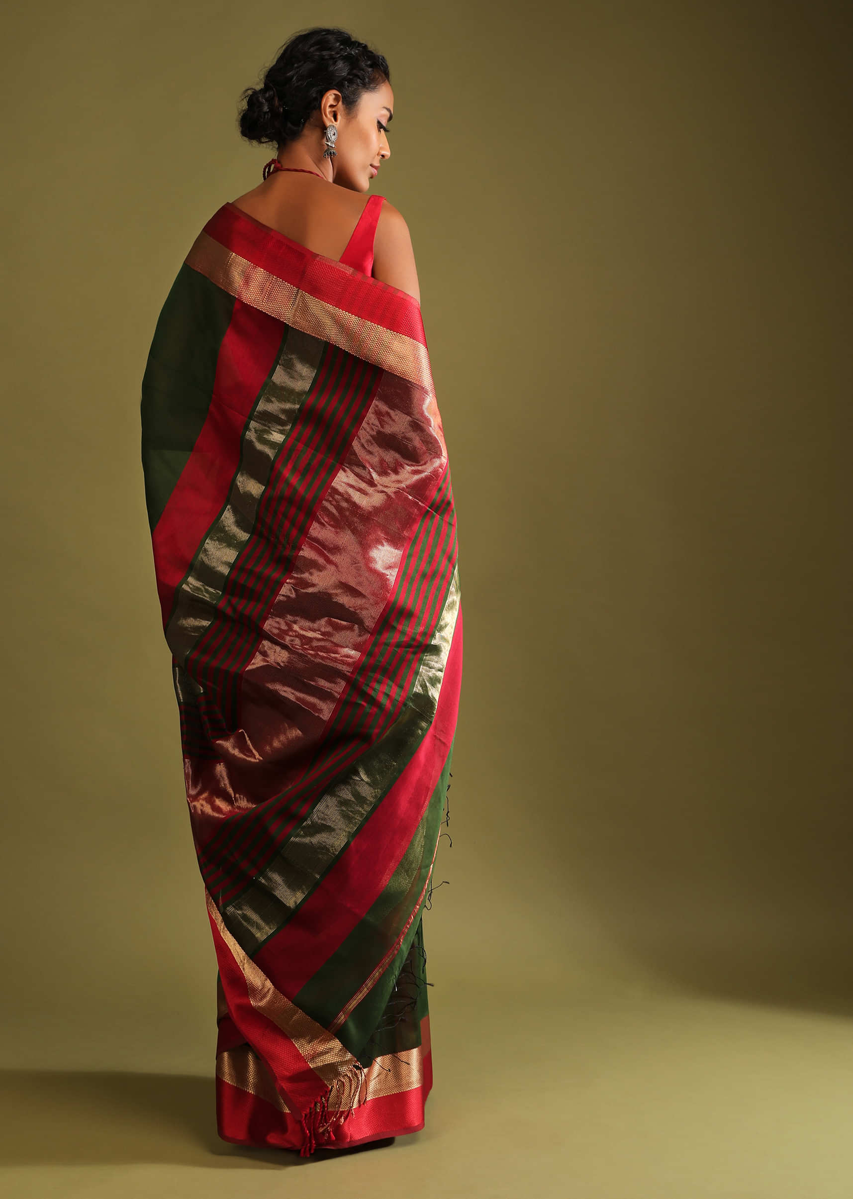 Cypress Green Saree In Tussar Silk With Gold And Red Woven Border And Striped Pallu Design  