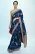 Admiral blue silk saree with floral weaved embroidery  only on Kalki