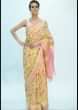 Yellow linen saree with pink floral jaal embroidery only on kalki