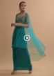 Teal Drape Skirt And Crop Top With Matching Cape And Colorful Resham Embroidered Spring Blooms Online - Kalki Fashion
