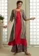 A line suit in red and grey top layer with resham embroidered neckline only on Kalki
