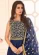 Anarkali suit in navy blue raw silk with zari and kundan embroidered bodice 