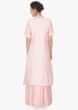 Baby pink cotton silk dress with a matching baby pink jacket adorn with cut dana and moti work 