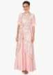 Baby pink cotton silk dress with a matching baby pink jacket adorn with cut dana and moti work 
