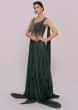 Basil Green Skirt In Net Paired With Long Peach Georgette Top Online - Kalki Fashion
