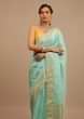 Beach Blue Saree In Dola Silk With Woven Leaf Buttis And Moroccan Weave On The Pallu