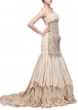 Beige strapless gown featuring with embroidered corset bodice only on Kalki