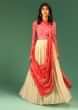 Beige Anarkali Dress In Georgette With Pink Shaded Bandhani Bodice And Attached Bandhani Drape  