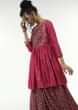 Berry Pink Long Dress With Floral Jaal Print And An Attached Peplum Jacket With Front Tie Up And Zari Work  