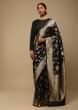 Black Saree In Art Handloom Silk With Two Toned Woven Floral Jaal, Geometric Motifs On The Pallu And Unstitched Blouse  