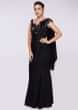 Black satin saree gown with fancy fabric bodice and draped pallo