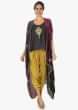 Black top paired with khaki overlapping dhoti pant and a overlay jacket 