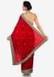 Blood red saree in cotton silk with zardosi and cut dana embroidery only on Kalki