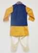 Kalki Boys Blue Embroidered Nehru Jacket In Velvet With Yellow Kurta And Pant By Fayon Kids