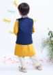 Kalki Boys Blue Embroidered Nehru Jacket In Velvet With Yellow Kurta And Pant By Fayon Kids