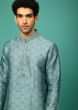 Bluish Grey Kurta Set In Raw Silk With Bandhani Printed Moroccan Jaal  
