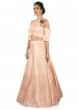 Blush peach lehenga in brocade matched with 3D flower embroidered crop top only on Kalki