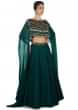 Bottle green Skirt and Blouse with Organza Cape Featuring Tassels Only on Kalki