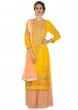 Bright yellow straight palazzo suit in gotta lace and patch embroidery only on Kalki