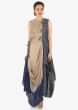 Brown and indigo printed tunic with asymmetric hem line and cowl drape only on Kalki