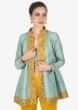 Canary Yellow and Blue Top, Jacket and Cigarette Pants Set Featuring Zari Work Only on Kalki