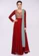 Carmine red georgette anarkali dress with embroidered bodice