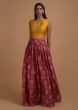 Cherry Red Lehenga In Ikkat Motif Print Matched With Yellow Crop Top Blouse And Rama Green Jacket