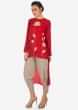 Cherry red top in pita zari work matched with grey overlapping pants only on Kalki