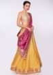 Chrome yellow banarasi silk lehenga paired with fuchsia pink banarasi silk weaved dupatta